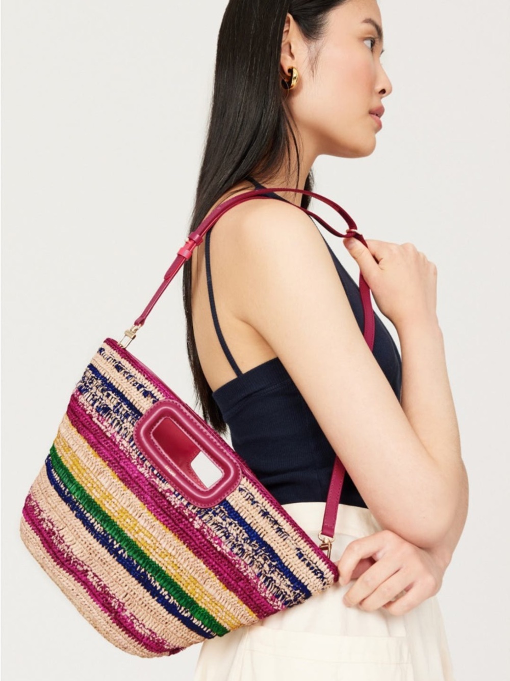Maje Mini Striped Basket Multicolored Straw Tote Bag with Pink Leather Trim - Picture 3 of 3